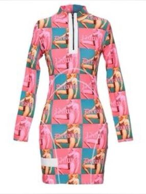 House of Holland Pink and Green Long Sleeve Dress